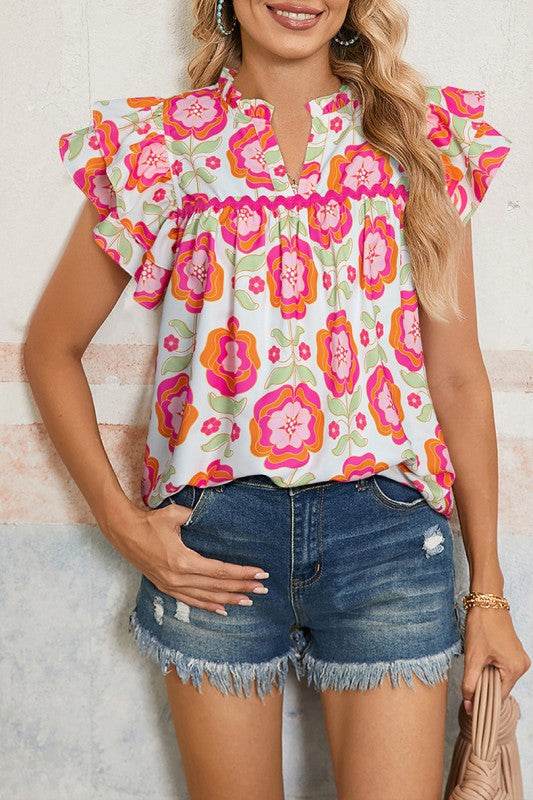 Floral Sleeve Ric-rac Trim Split Neck Loose Blouse - Shop Style & More | Fresh Looks, Everyday Deals & Free Shipping