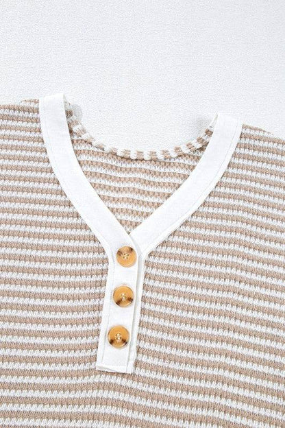 Khaki Stripe Buttoned Front V Neck Knitted T Shirt - Shop Style & More | Fresh Looks, Everyday Deals & Free Shipping