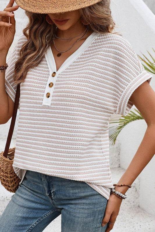Khaki Stripe Buttoned Front V Neck Knitted T Shirt - Shop Style & More | Fresh Looks, Everyday Deals & Free Shipping