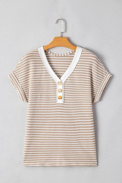Khaki Stripe Buttoned Front V Neck Knitted T Shirt - Shop Style & More | Fresh Looks, Everyday Deals & Free Shipping