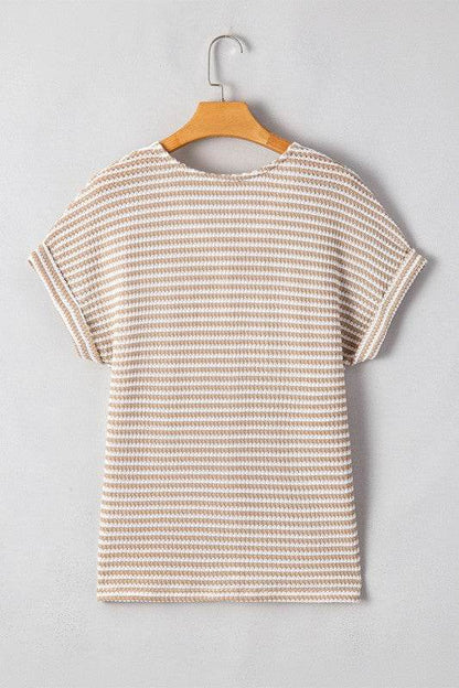 Khaki Stripe Buttoned Front V Neck Knitted T Shirt - Shop Style & More | Fresh Looks, Everyday Deals & Free Shipping