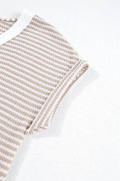 Khaki Stripe Buttoned Front V Neck Knitted T Shirt - Shop Style & More | Fresh Looks, Everyday Deals & Free Shipping