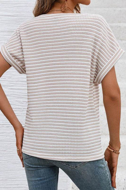 Khaki Stripe Buttoned Front V Neck Knitted T Shirt - Shop Style & More | Fresh Looks, Everyday Deals & Free Shipping
