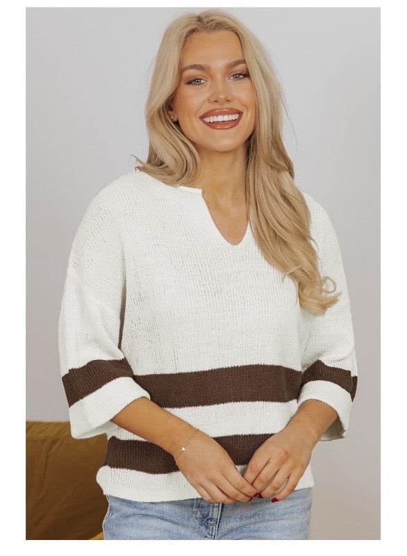 Striped Notched V Neck Cropped Sweater T Shirt - Shop Style & More | Fresh Looks, Everyday Deals & Free Shipping