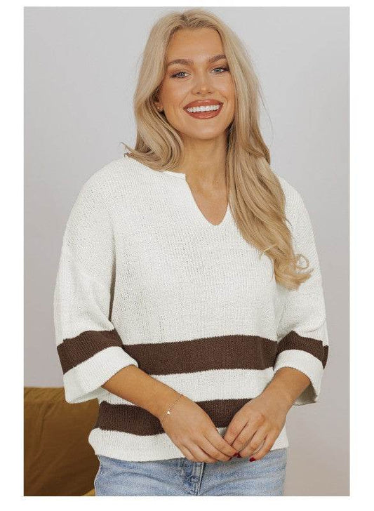 Striped Notched V Neck Cropped Sweater T Shirt - Shop Style & More | Fresh Looks, Everyday Deals & Free Shipping