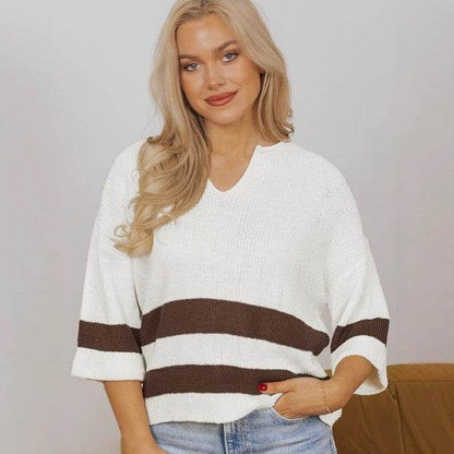Striped Notched V Neck Cropped Sweater T Shirt - Shop Style & More | Fresh Looks, Everyday Deals & Free Shipping