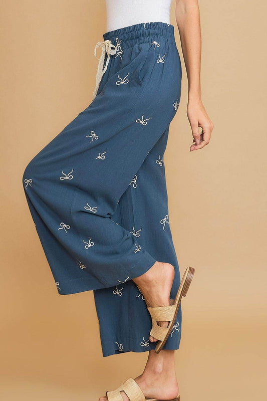 Umgee Full Size Lace Drawstring Embroidered Bow Wide Leg Pants Plus Size - Shop Style & More | Fresh Looks, Everyday Deals & Free Shipping