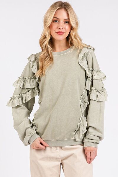 Mittoshop Ruffled Mineral Washed Round Neck Long Sleeve Sweatshirt Sage Hoodies & Sweaters