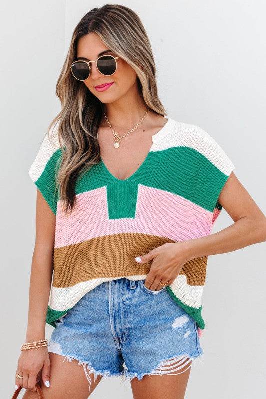 Elliot Color Block Notch V Neck Sweater Top - Shop Style & More | Fresh Looks, Everyday Deals & Free Shipping