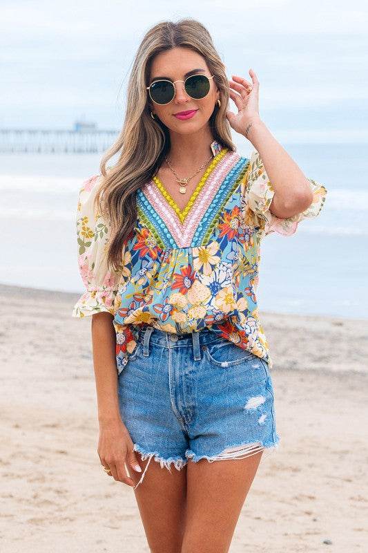 Crochet V Neck Half Sleeve Boho Floral Blouse - Shop Style & More | Fresh Looks, Everyday Deals & Free Shipping