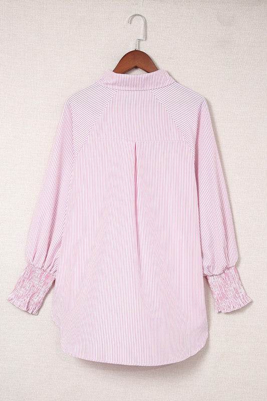Smocked Cuffed Striped Boyfriend Shirt with Pocket - Shop Style & More | Fresh Looks, Everyday Deals & Free Shipping