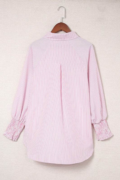 Smocked Cuffed Striped Boyfriend Shirt with Pocket - Shop Style & More | Fresh Looks, Everyday Deals & Free Shipping
