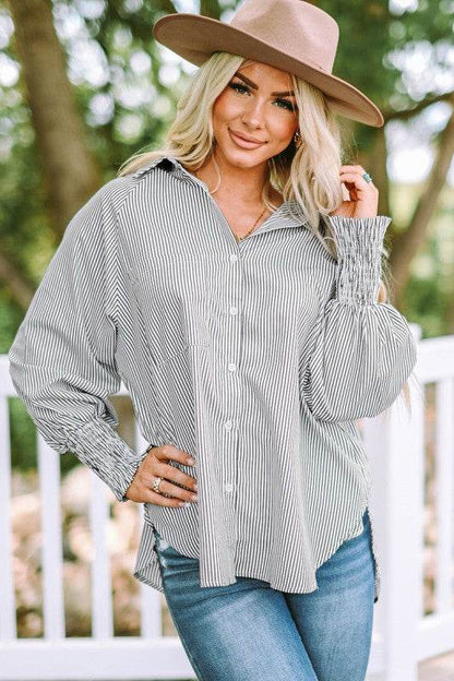 Smocked Cuffed Striped Boyfriend Shirt with Pocket - Shop Style & More | Fresh Looks, Everyday Deals & Free Shipping