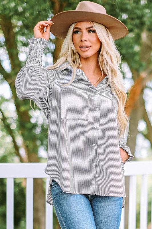 Smocked Cuffed Striped Boyfriend Shirt with Pocket - Shop Style & More | Fresh Looks, Everyday Deals & Free Shipping