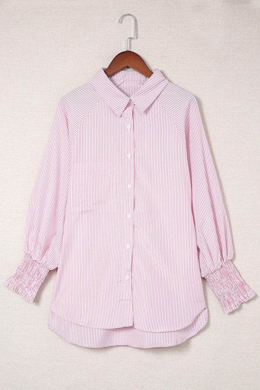 Smocked Cuffed Striped Boyfriend Shirt with Pocket - Shop Style & More | Fresh Looks, Everyday Deals & Free Shipping