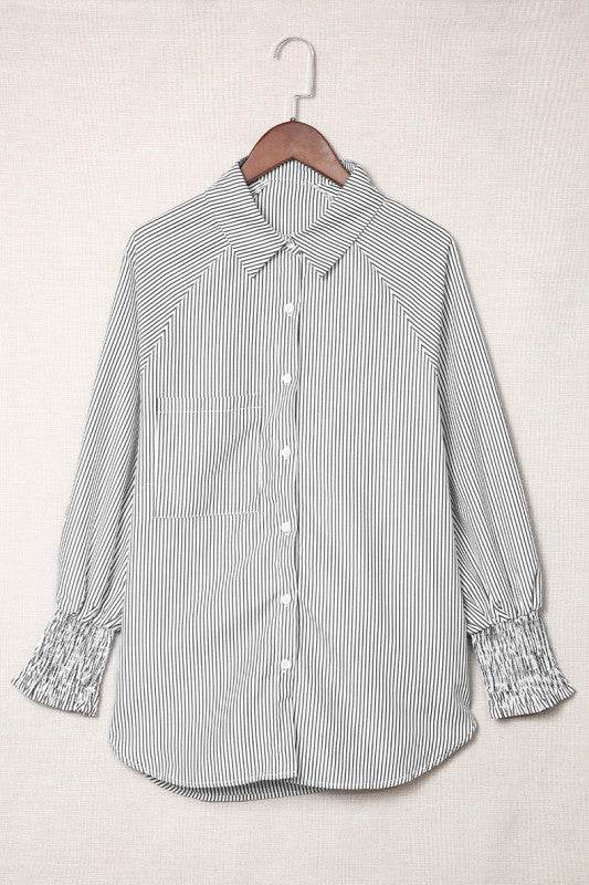 Smocked Cuffed Striped Boyfriend Shirt with Pocket - Shop Style & More | Fresh Looks, Everyday Deals & Free Shipping