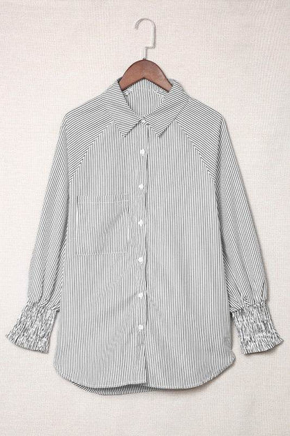 Smocked Cuffed Striped Boyfriend Shirt with Pocket - Shop Style & More | Fresh Looks, Everyday Deals & Free Shipping