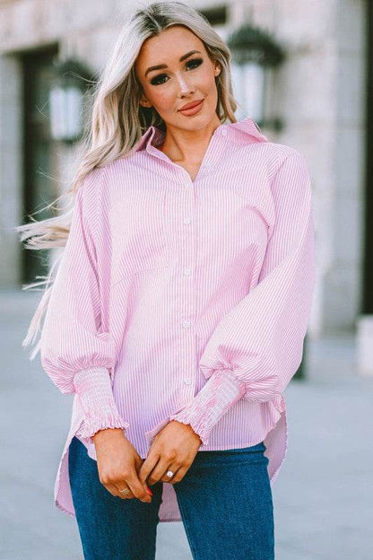 Smocked Cuffed Striped Boyfriend Shirt with Pocket - Shop Style & More | Fresh Looks, Everyday Deals & Free Shipping