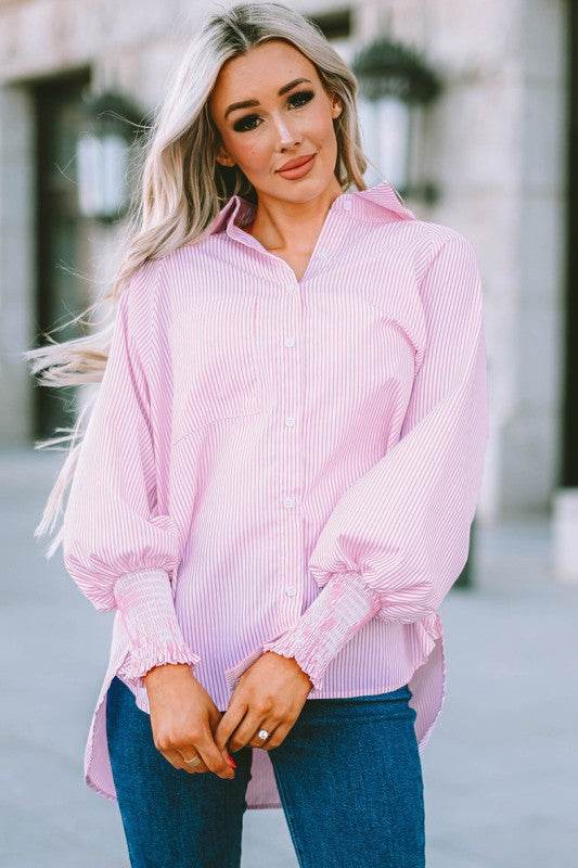 Smocked Cuffed Striped Boyfriend Shirt with Pocket - Shop Style & More | Fresh Looks, Everyday Deals & Free Shipping