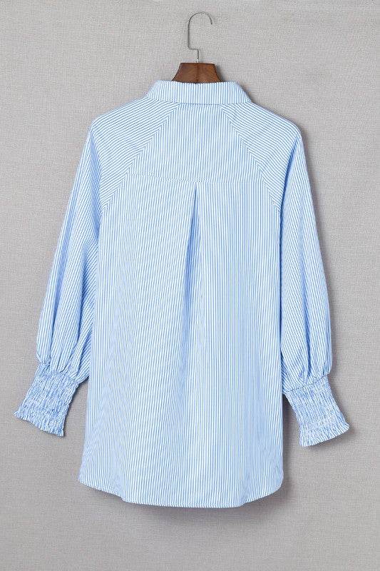 Smocked Cuffed Striped Boyfriend Shirt with Pocket - Shop Style & More | Fresh Looks, Everyday Deals & Free Shipping