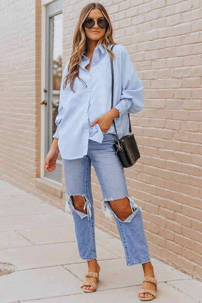 Smocked Cuffed Striped Boyfriend Shirt with Pocket - Shop Style & More | Fresh Looks, Everyday Deals & Free Shipping