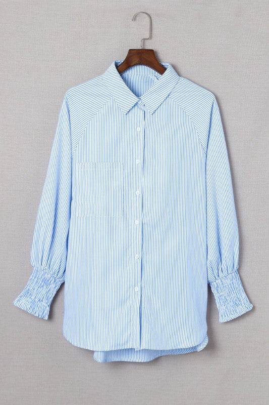 Smocked Cuffed Striped Boyfriend Shirt with Pocket - Shop Style & More | Fresh Looks, Everyday Deals & Free Shipping