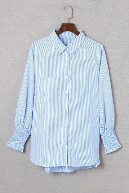 Smocked Cuffed Striped Boyfriend Shirt with Pocket - Shop Style & More | Fresh Looks, Everyday Deals & Free Shipping