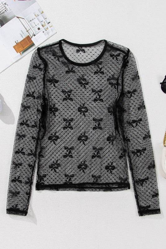 Black Bow Pattern Accent Mesh Long Sleeve Top - Shop Style & More | Fresh Looks, Everyday Deals & Free Shipping