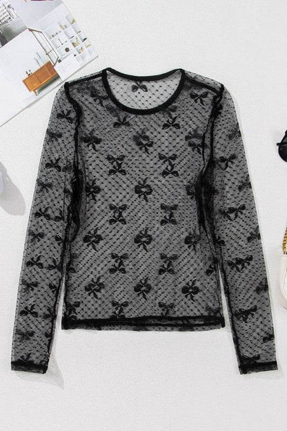 Black Bow Pattern Accent Mesh Long Sleeve Top - Shop Style & More | Fresh Looks, Everyday Deals & Free Shipping