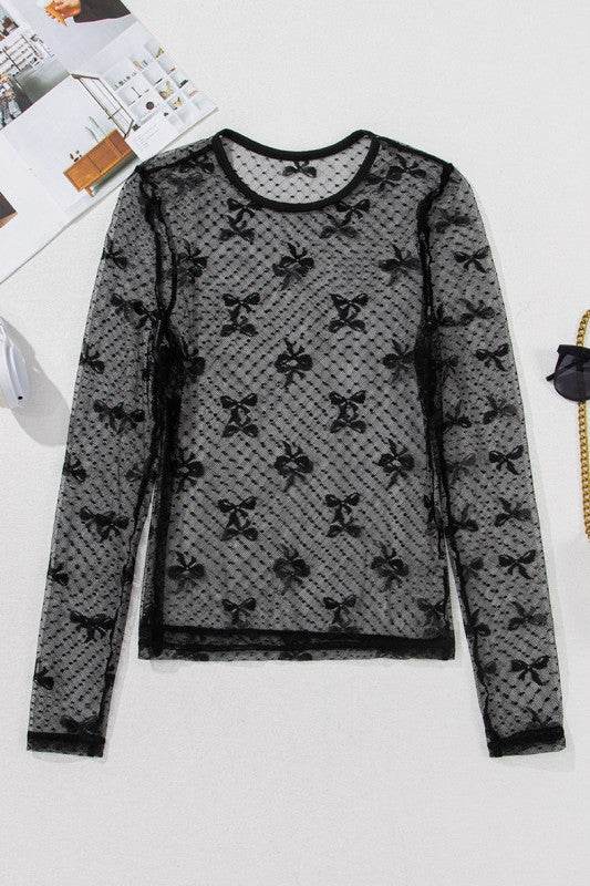 Black Bow Pattern Accent Mesh Long Sleeve Top - Shop Style & More | Fresh Looks, Everyday Deals & Free Shipping
