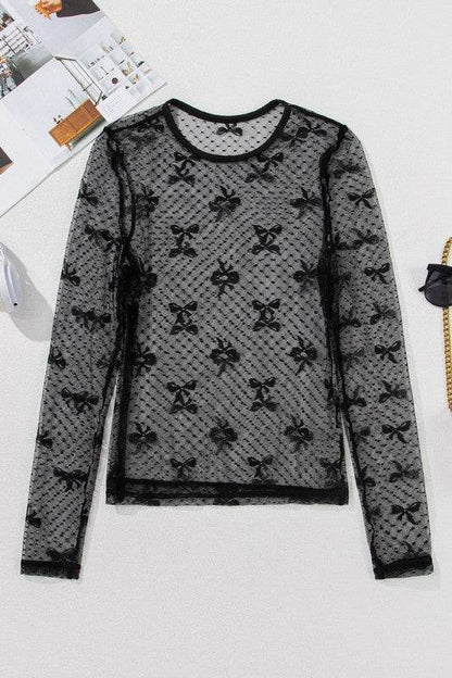 Black Bow Pattern Accent Mesh Long Sleeve Top - Shop Style & More | Fresh Looks, Everyday Deals & Free Shipping