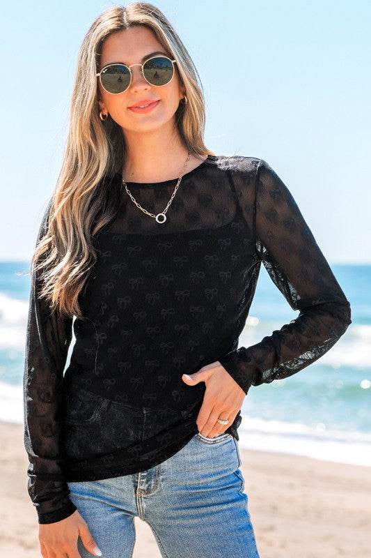 Black Bow Pattern Accent Mesh Long Sleeve Top - Shop Style & More | Fresh Looks, Everyday Deals & Free Shipping