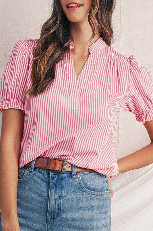 Pink Striped V Neck Puff Sleeve Blouse - Shop Style & More | Fresh Looks, Everyday Deals & Free Shipping