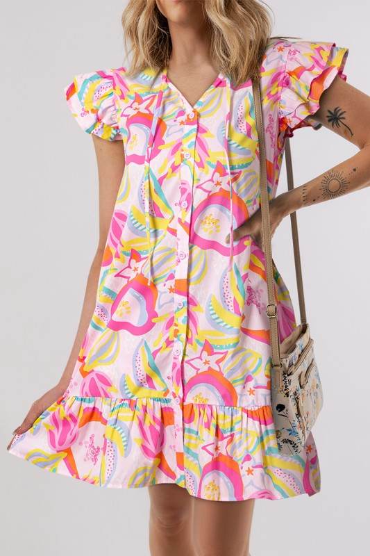 Floral Ruffle Trim Flutter Sleeve Buttoned Dress - Shop Style & More | Fresh Looks, Everyday Deals & Free Shipping
