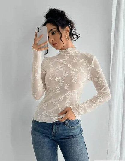 Mesh bow printed long sleeve top - Shop Style & More | Fresh Looks, Everyday Deals & Free Shipping
