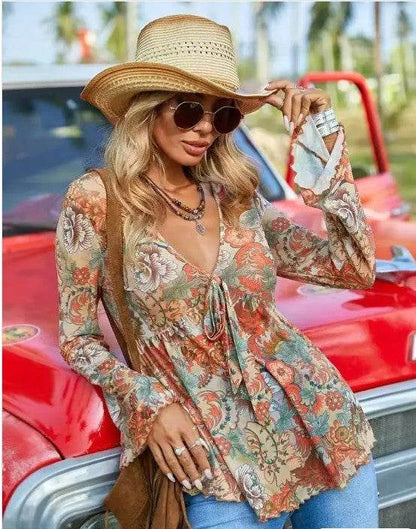 Western Printed Bell Sleeve Blouse - Shop Style & More | Fresh Looks, Everyday Deals & Free Shipping