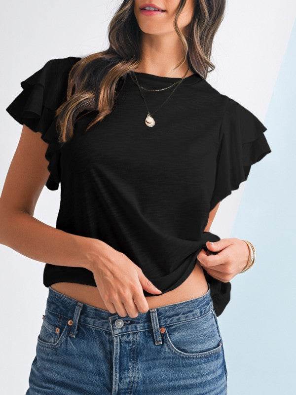 Cotton White Black Ruffle Sleeve Plain Blouse - Shop Style & More | Fresh Looks, Everyday Deals & Free Shipping