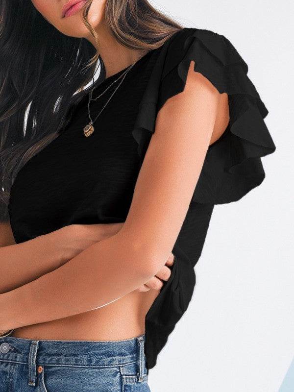 Cotton White Black Ruffle Sleeve Plain Blouse - Shop Style & More | Fresh Looks, Everyday Deals & Free Shipping
