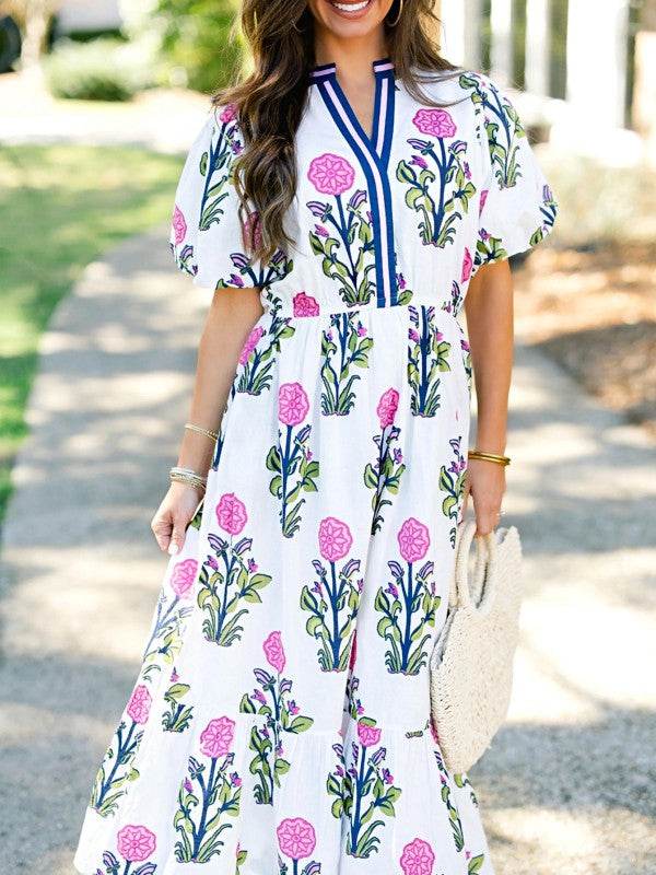 Blue Floral Ruffle Hem Pop of Color Neckline Dress - Shop Style & More | Fresh Looks, Everyday Deals & Free Shipping