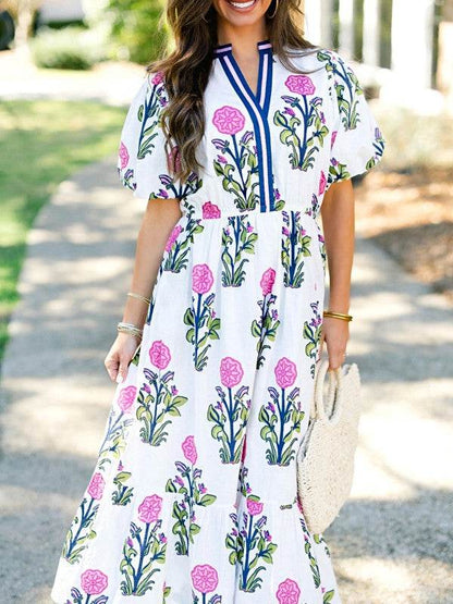 Blue Floral Ruffle Hem Pop of Color Neckline Dress - Shop Style & More | Fresh Looks, Everyday Deals & Free Shipping