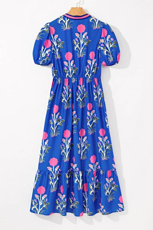 Blue Floral Ruffle Hem Pop of Color Neckline Dress - Shop Style & More | Fresh Looks, Everyday Deals & Free Shipping