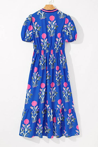 Blue Floral Ruffle Hem Pop of Color Neckline Dress - Shop Style & More | Fresh Looks, Everyday Deals & Free Shipping
