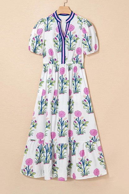 Blue Floral Ruffle Hem Pop of Color Neckline Dress - Shop Style & More | Fresh Looks, Everyday Deals & Free Shipping