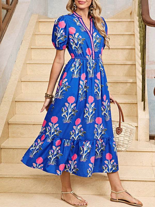 Blue Floral Ruffle Hem Pop of Color Neckline Dress - Shop Style & More | Fresh Looks, Everyday Deals & Free Shipping