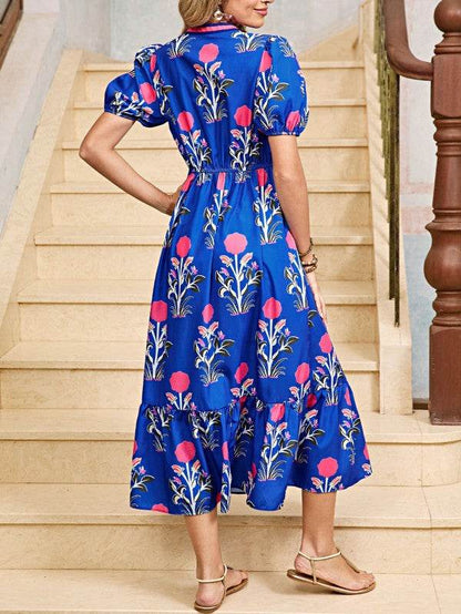 Blue Floral Ruffle Hem Pop of Color Neckline Dress - Shop Style & More | Fresh Looks, Everyday Deals & Free Shipping