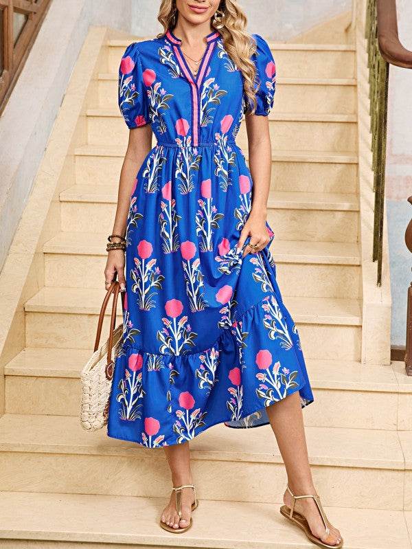 Blue Floral Ruffle Hem Pop of Color Neckline Dress - Shop Style & More | Fresh Looks, Everyday Deals & Free Shipping