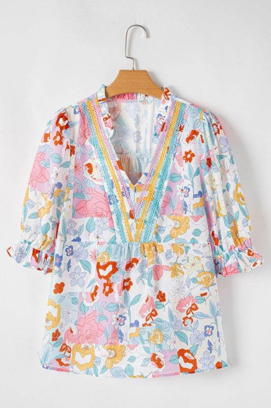 Boho Flower Print Frill Neck Puff Sleeve Blouse - Shop Style & More | Fresh Looks, Everyday Deals & Free Shipping