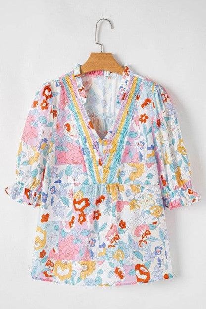 Boho Flower Print Frill Neck Puff Sleeve Blouse - Shop Style & More | Fresh Looks, Everyday Deals & Free Shipping
