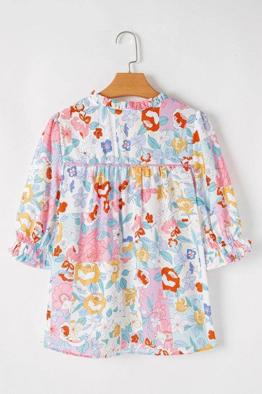 Boho Flower Print Frill Neck Puff Sleeve Blouse - Shop Style & More | Fresh Looks, Everyday Deals & Free Shipping