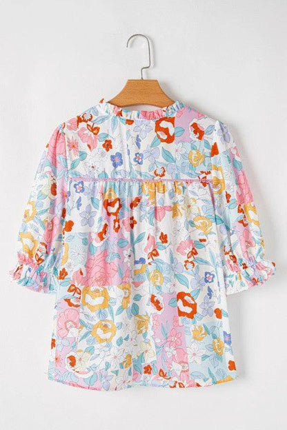 Boho Flower Print Frill Neck Puff Sleeve Blouse - Shop Style & More | Fresh Looks, Everyday Deals & Free Shipping